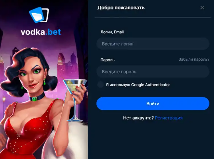 Форма авторизации на официальном сайте Vodka Casino для входа в аккаунт.